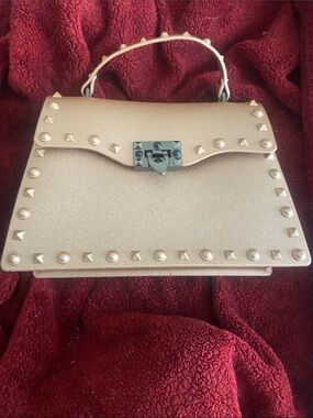 Studded Top-Handle Satchel in Metallic Champagne